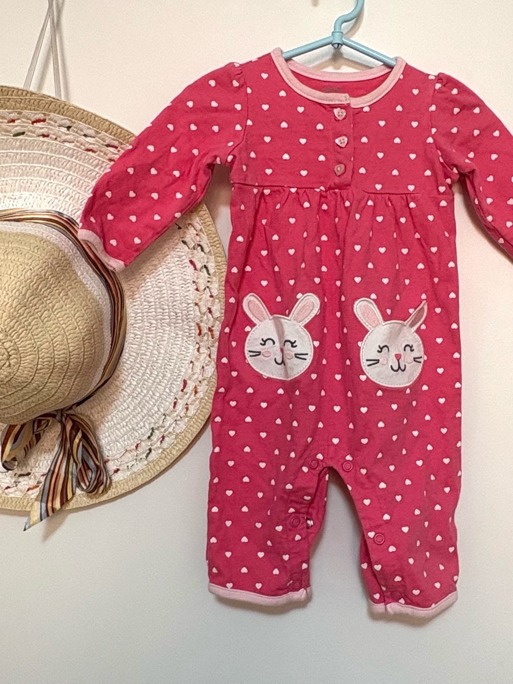 Carter's Hot Pink Heart Print One-Piece with Bunny Pockets